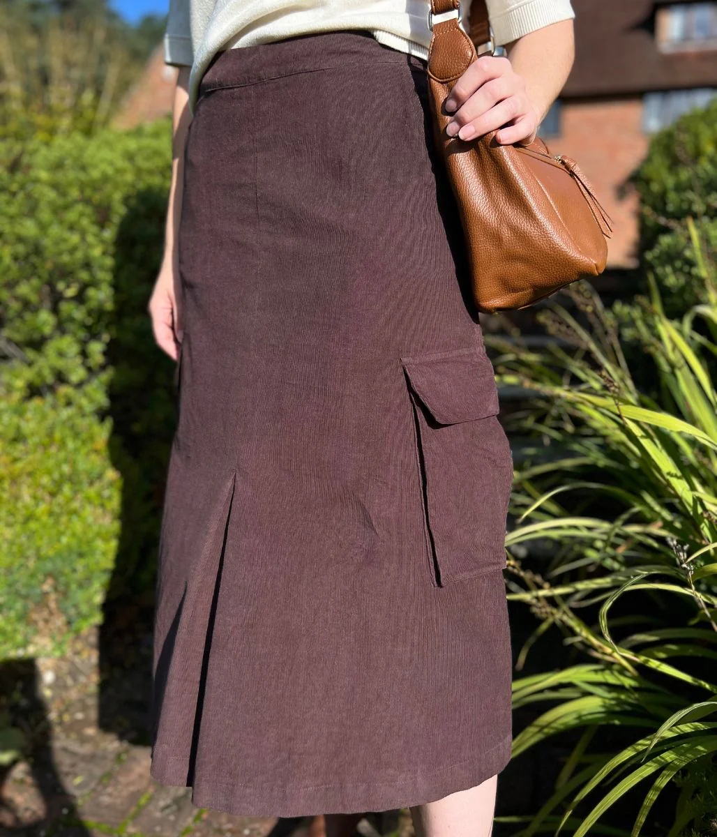Chocolate Brown Cord Cargo Midi Skirt - Image 3