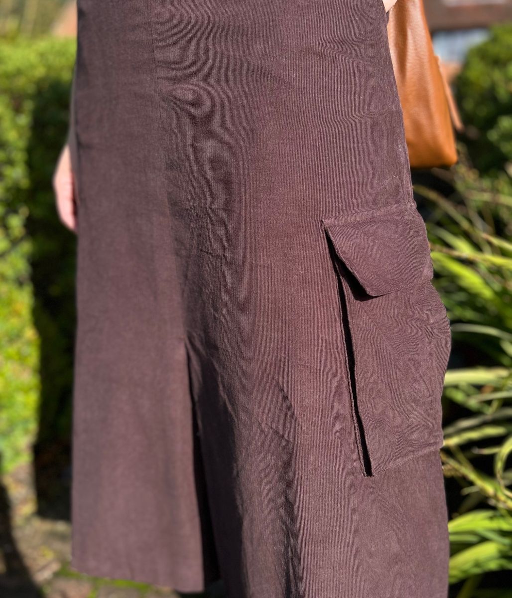Chocolate Brown Cord Cargo Midi Skirt - Image 4