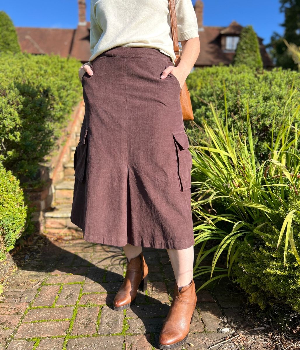 Chocolate Brown Cord Cargo Midi Skirt - Image 5