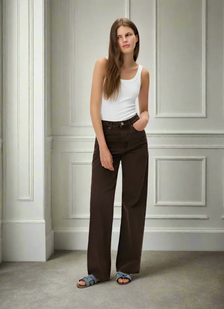 Chocolate Brown Denim Wide Leg Jeans - Image 2