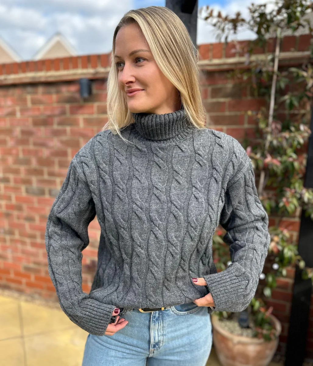 Chunky Grey Cable Roll Neck Jumper - Image 3