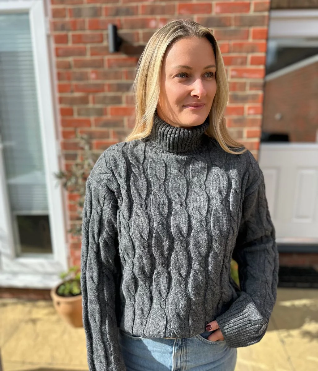 Chunky Grey Cable Roll Neck Jumper - Image 5
