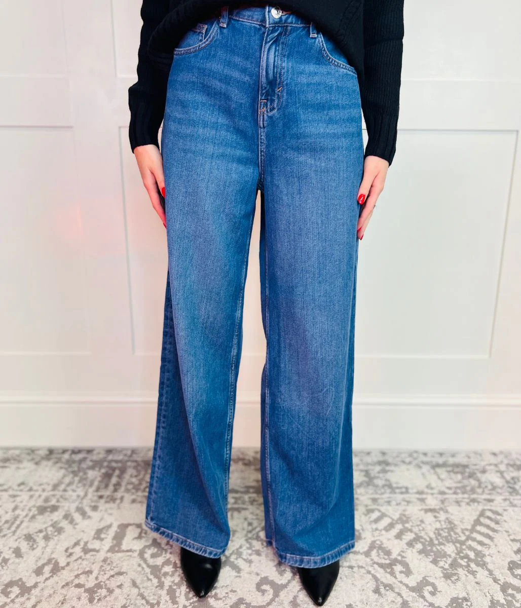 Dark Blue Denim Lyocell Blend Wide Leg Jeans - Image 3