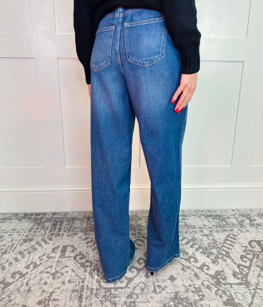 Dark Blue Denim Lyocell Blend Wide Leg Jeans - Image 8