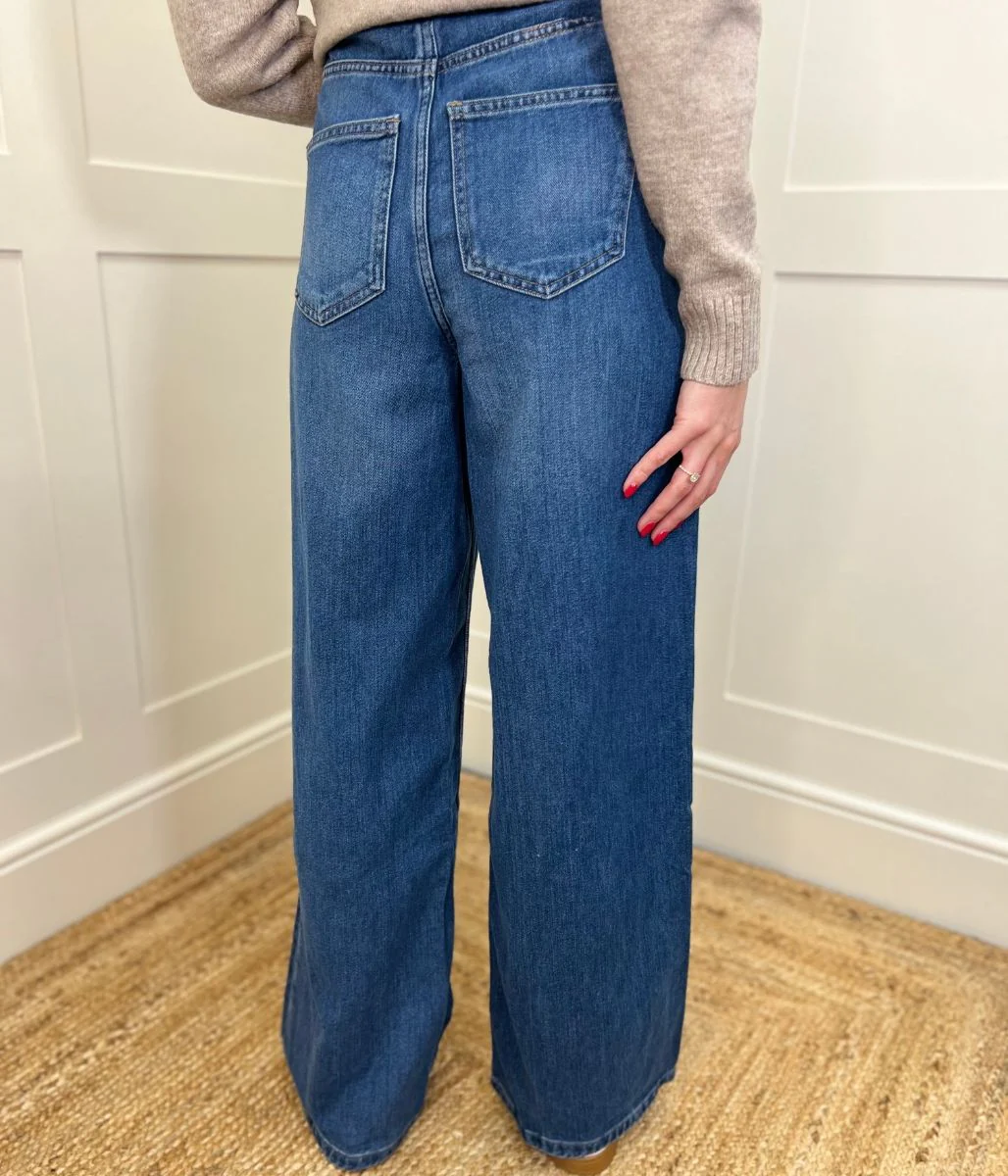 Dark Blue Denim Lyocell Blend Wide Leg Jeans - Image 5