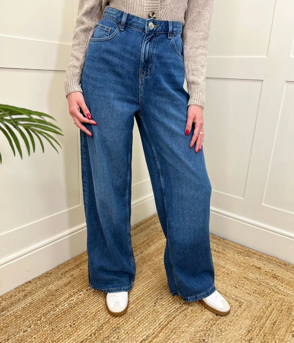 Dark Blue Denim Lyocell Blend Wide Leg Jeans - Image 4