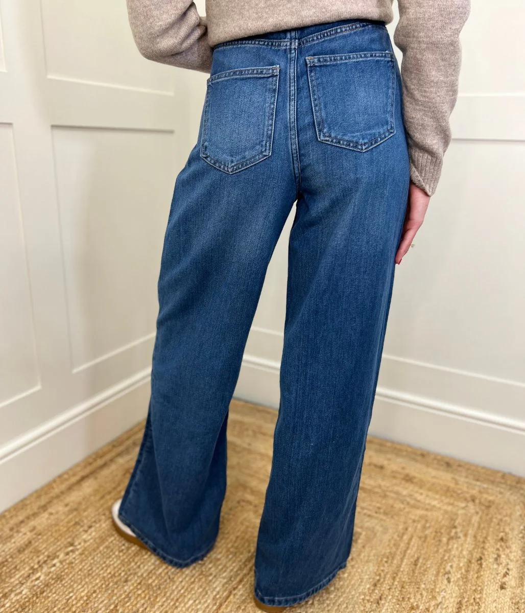 Dark Blue Denim Lyocell Blend Wide Leg Jeans - Image 7