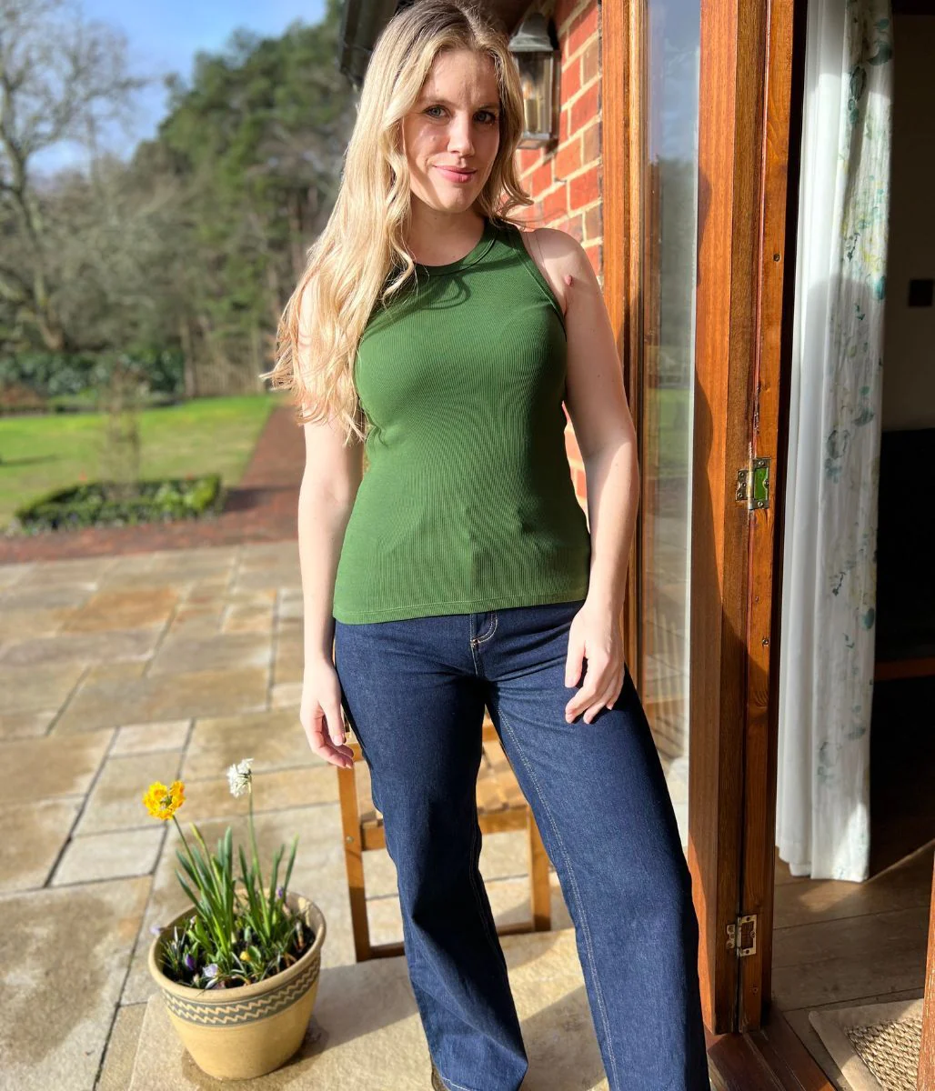 Dark Green Scoop Neck Racer Back Ribbed Vest Top - Image 3