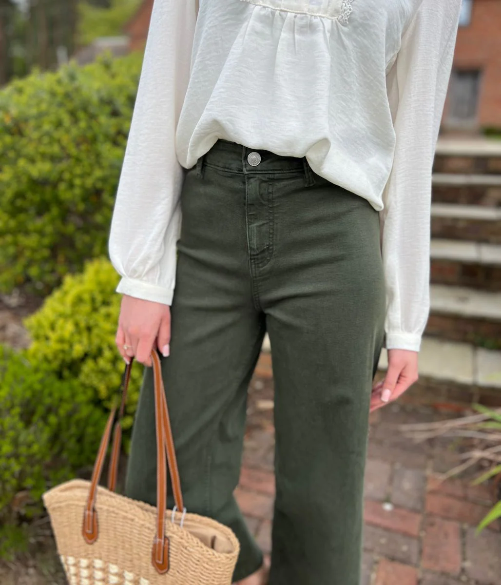Dark Green Wide Leg Ankle Grazer Jeans - Image 3