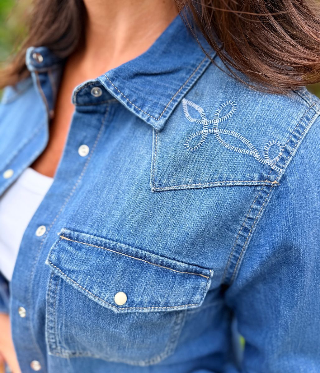 Denim Western Style Embroidered Shirt - Image 5