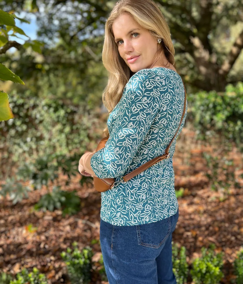 Ex Seasalt Teal Floral Script 3/4 Sleeve Top - Image 3