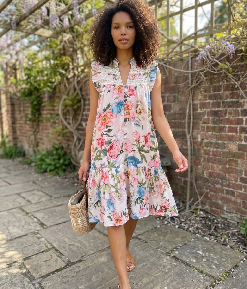 Floral Linen Blend Embroidered Detail Dress