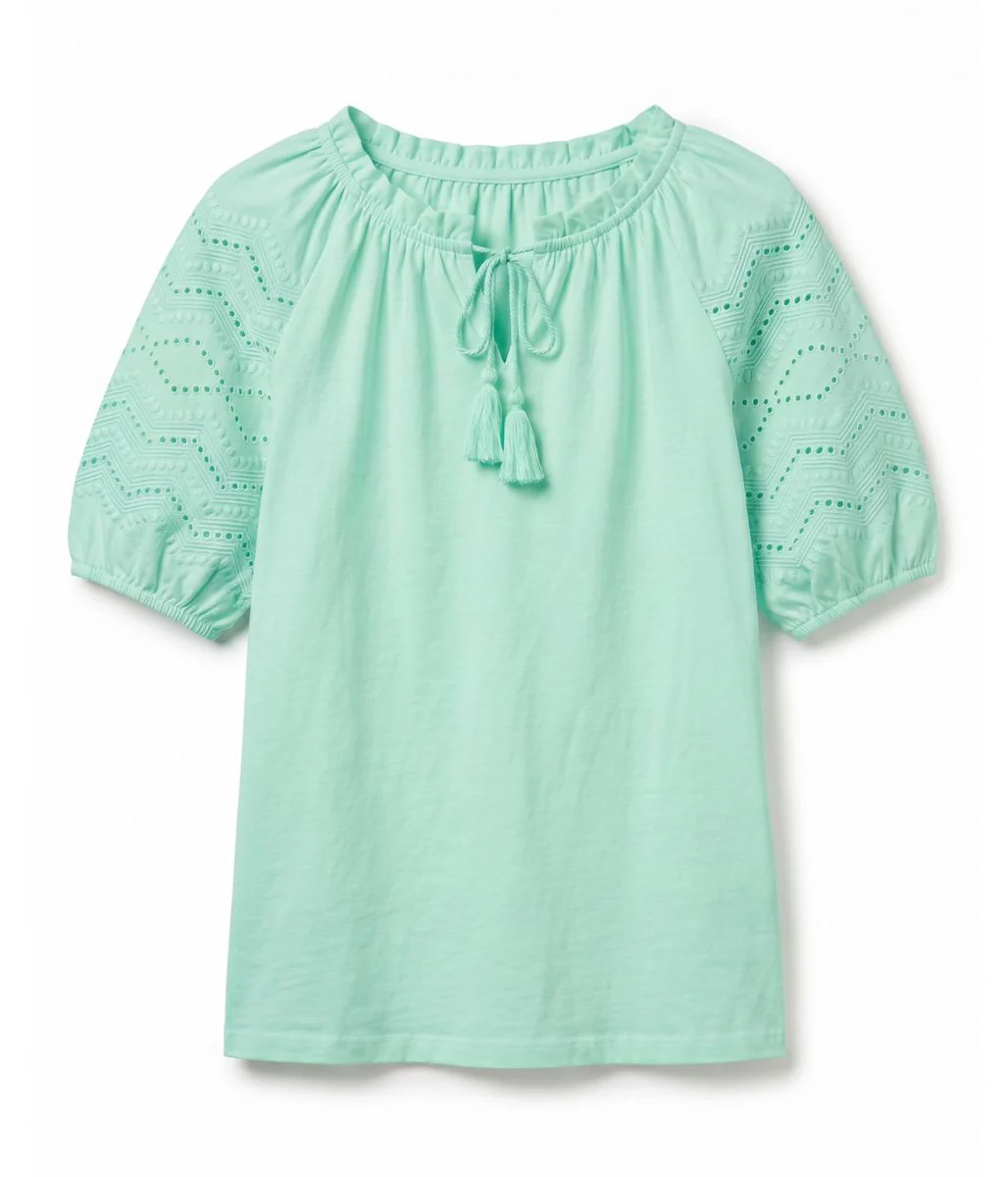 Green Anglaise Sleeve Tassel Tie Top