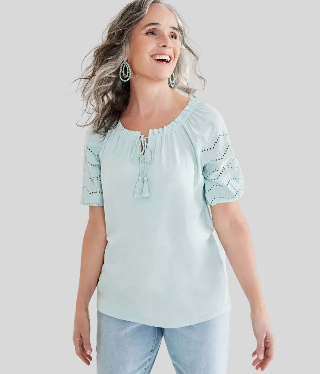 Green Anglaise Sleeve Tassel Tie Top - Image 2