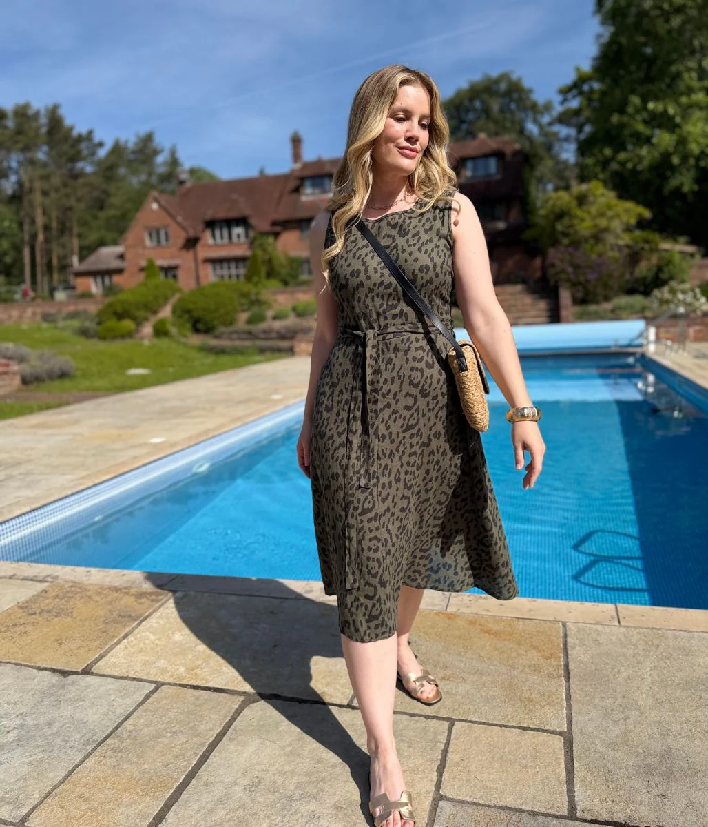Green Animal Print Sleeveless Belted Linen Blend Midi Dress - Image 3