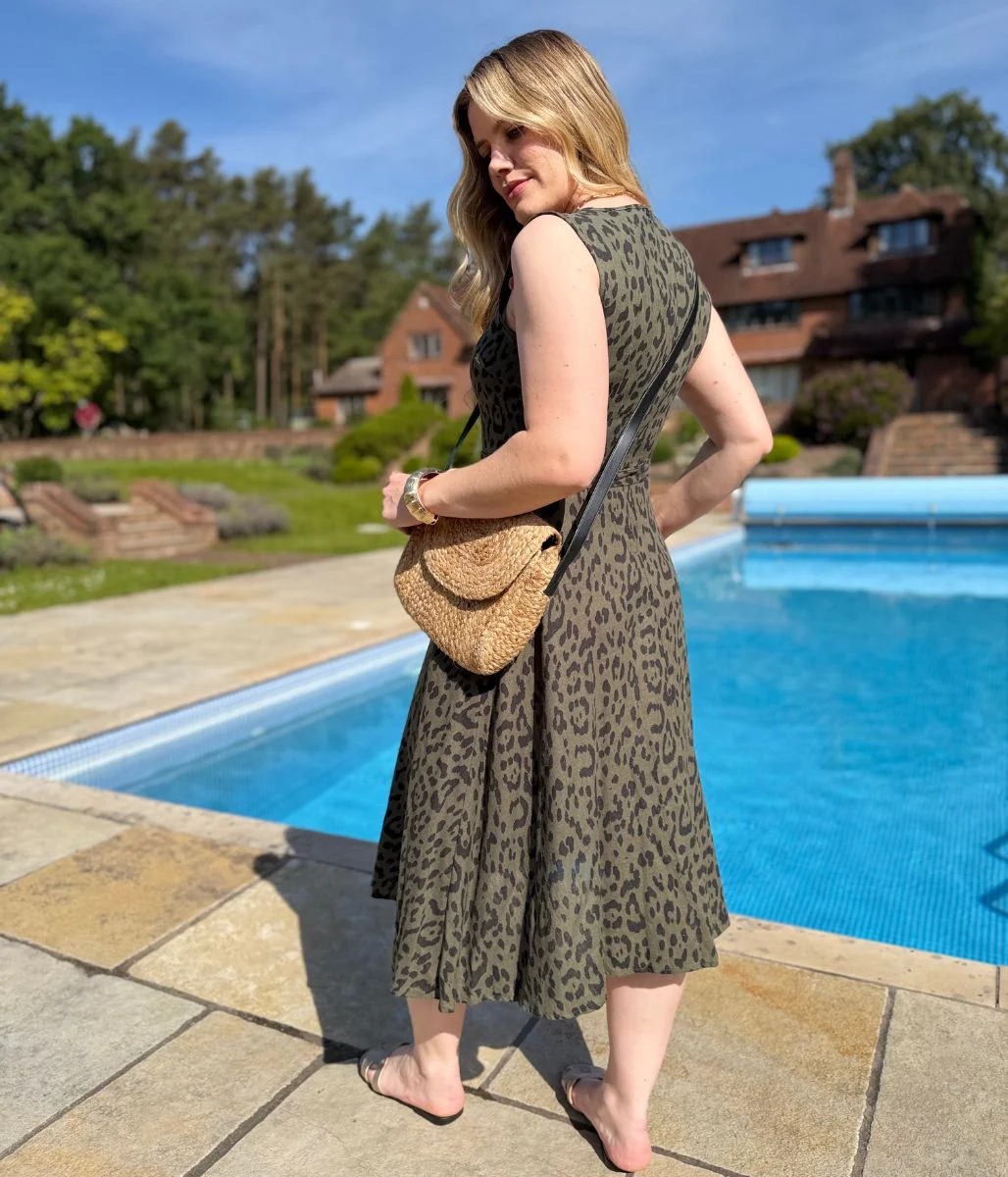 Green Animal Print Sleeveless Belted Linen Blend Midi Dress - Image 7