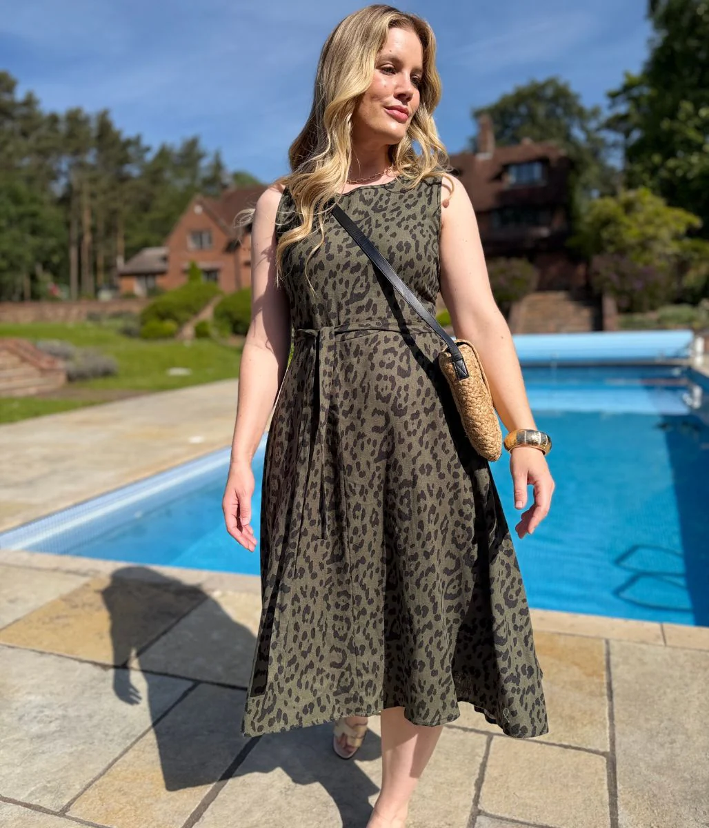 Green Animal Print Sleeveless Belted Linen Blend Midi Dress - Image 8