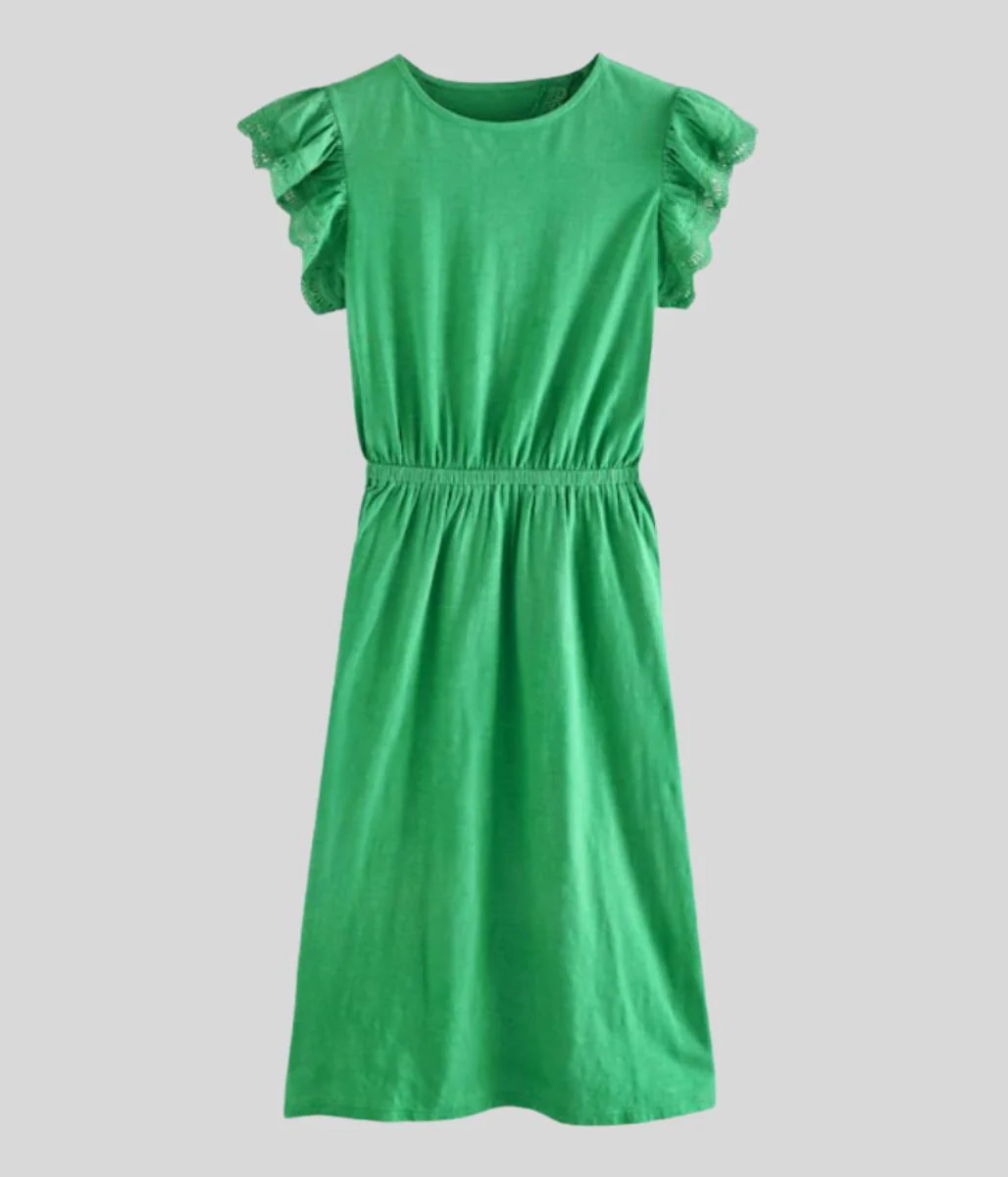 Green Broderie Frill Sleeve Cotton Jersey Dress - Image 3