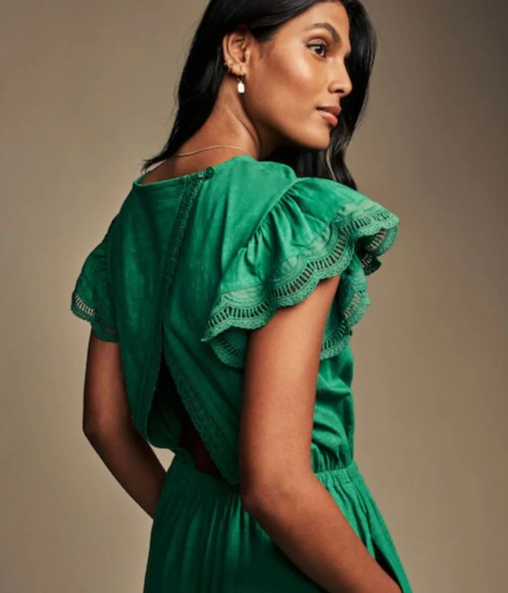 Green Broderie Frill Sleeve Cotton Jersey Dress - Image 4