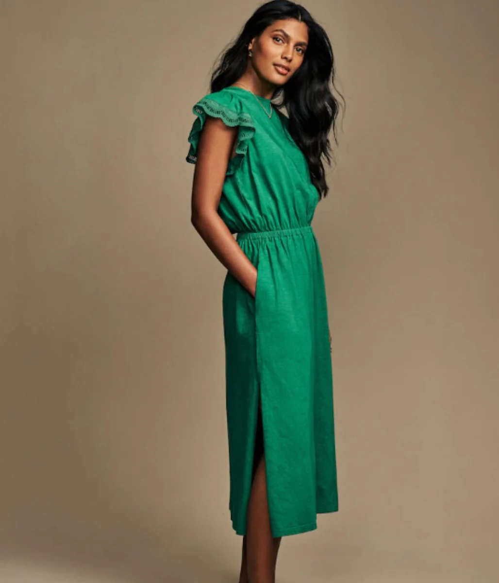 Green Broderie Frill Sleeve Cotton Jersey Dress - Image 5