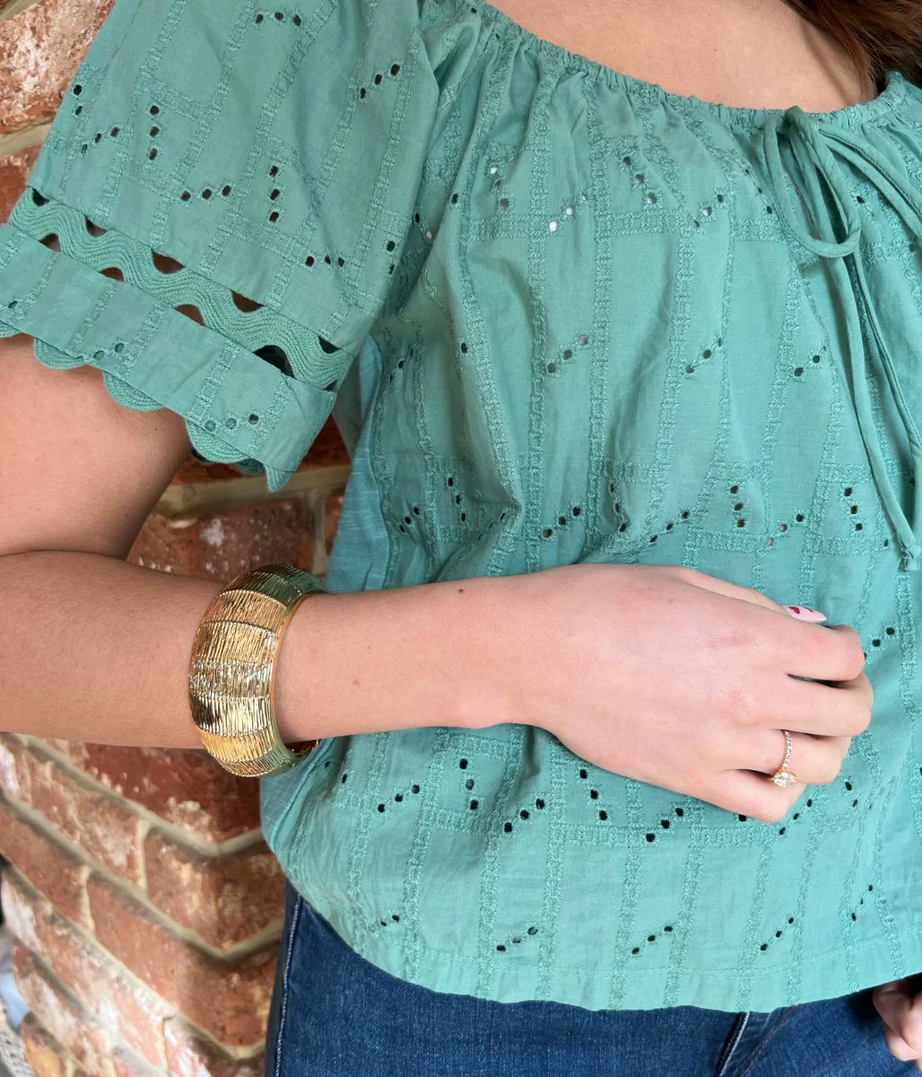 Green Broderie Short Sleeve Ric Rac Top - Image 3