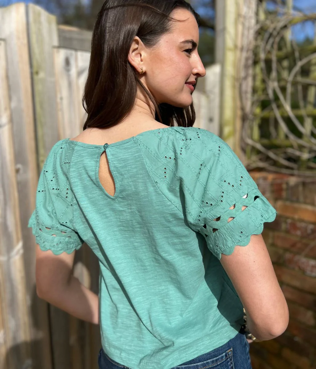 Green Broderie Short Sleeve Ric Rac Top - Image 4