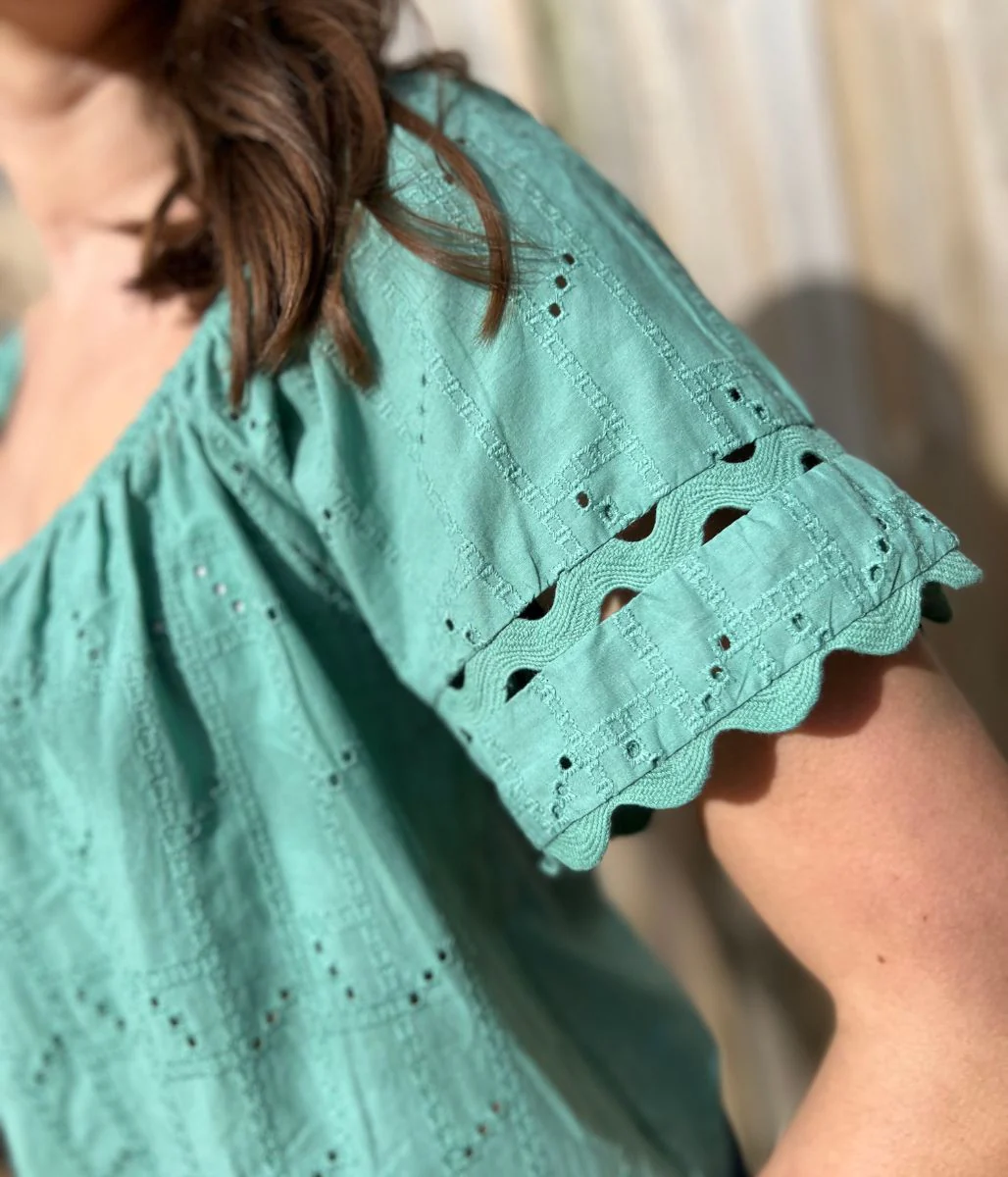 Green Broderie Short Sleeve Ric Rac Top - Image 5