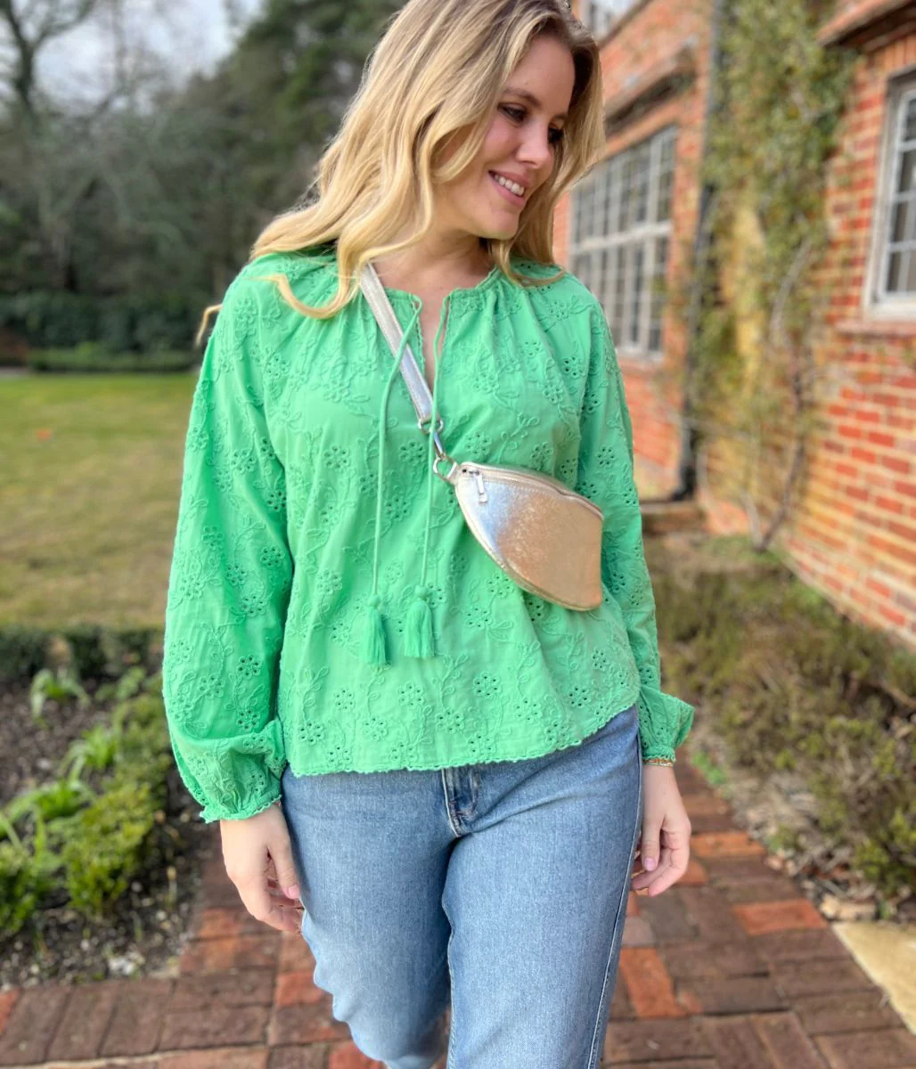 Green Cotton Broderie Tie Neck Top - Image 10