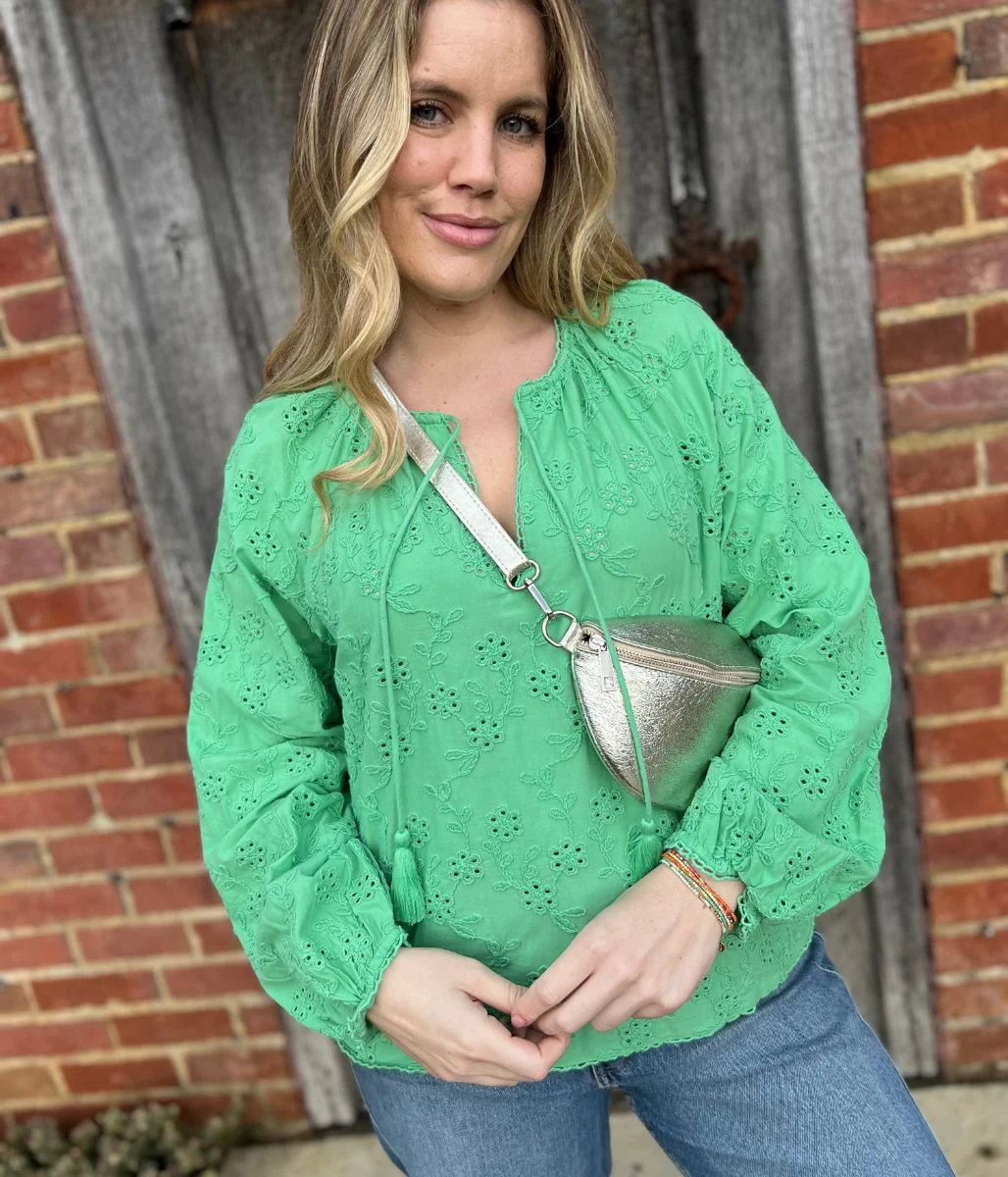 Green Cotton Broderie Tie Neck Top - Image 11