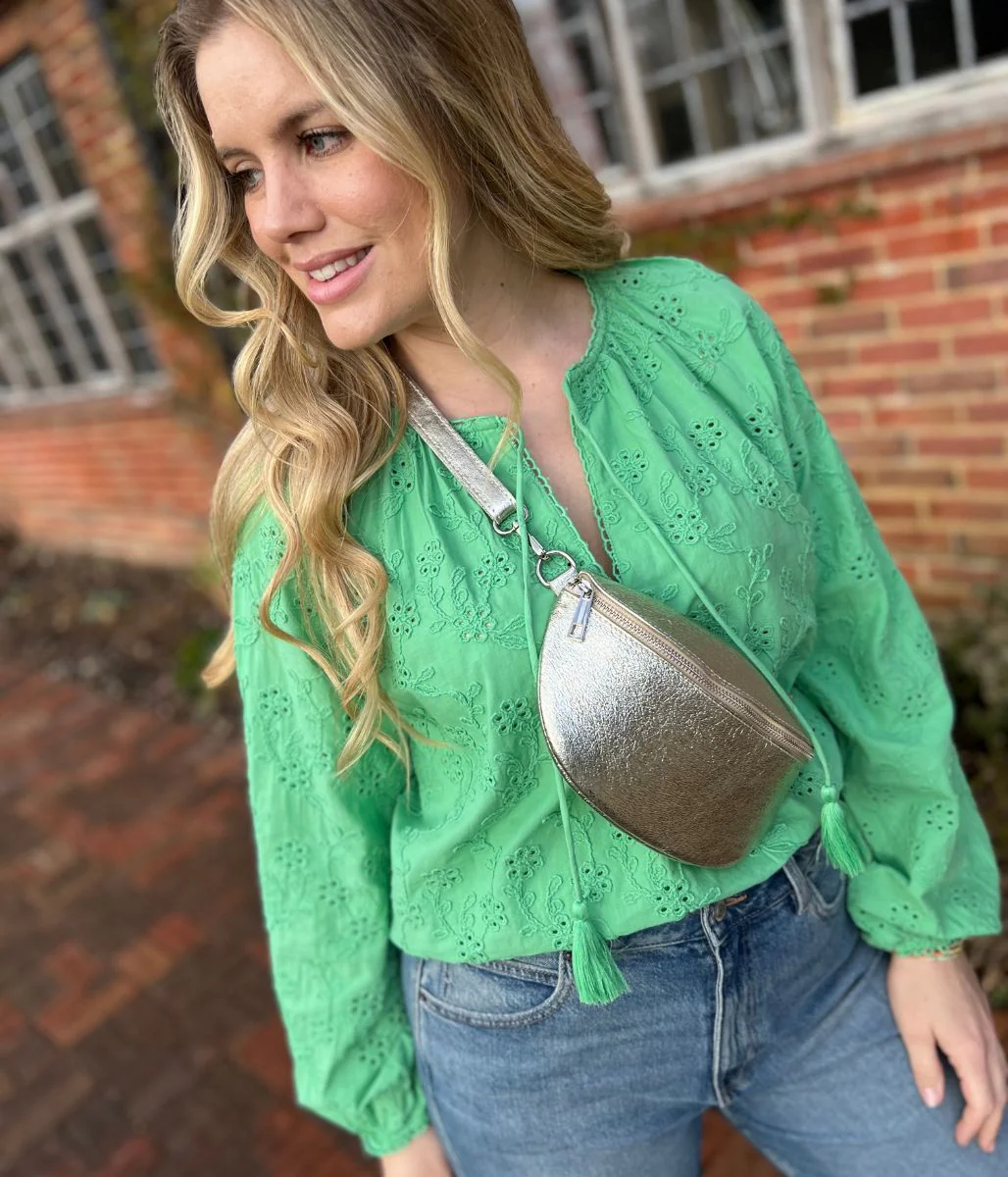 Green Cotton Broderie Tie Neck Top - Image 2