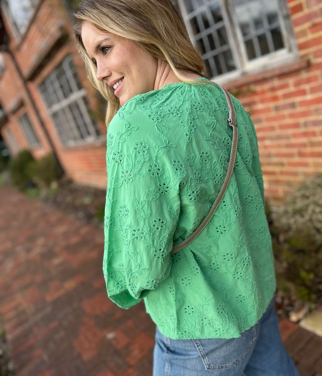 Green Cotton Broderie Tie Neck Top - Image 3