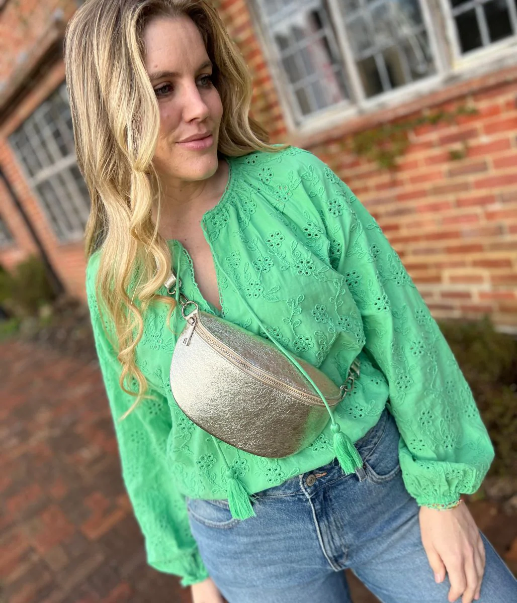 Green Cotton Broderie Tie Neck Top - Image 4