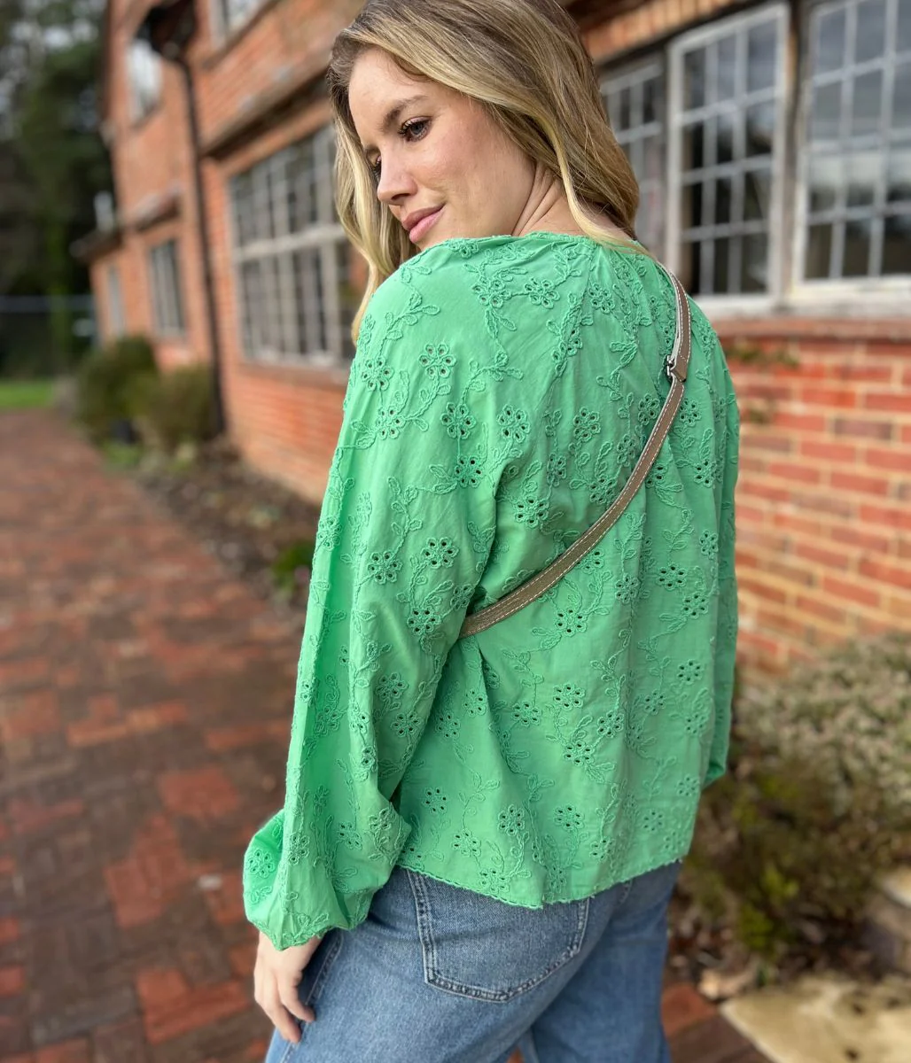 Green Cotton Broderie Tie Neck Top - Image 5