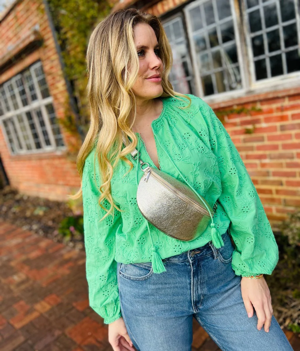 Green Cotton Broderie Tie Neck Top - Image 6