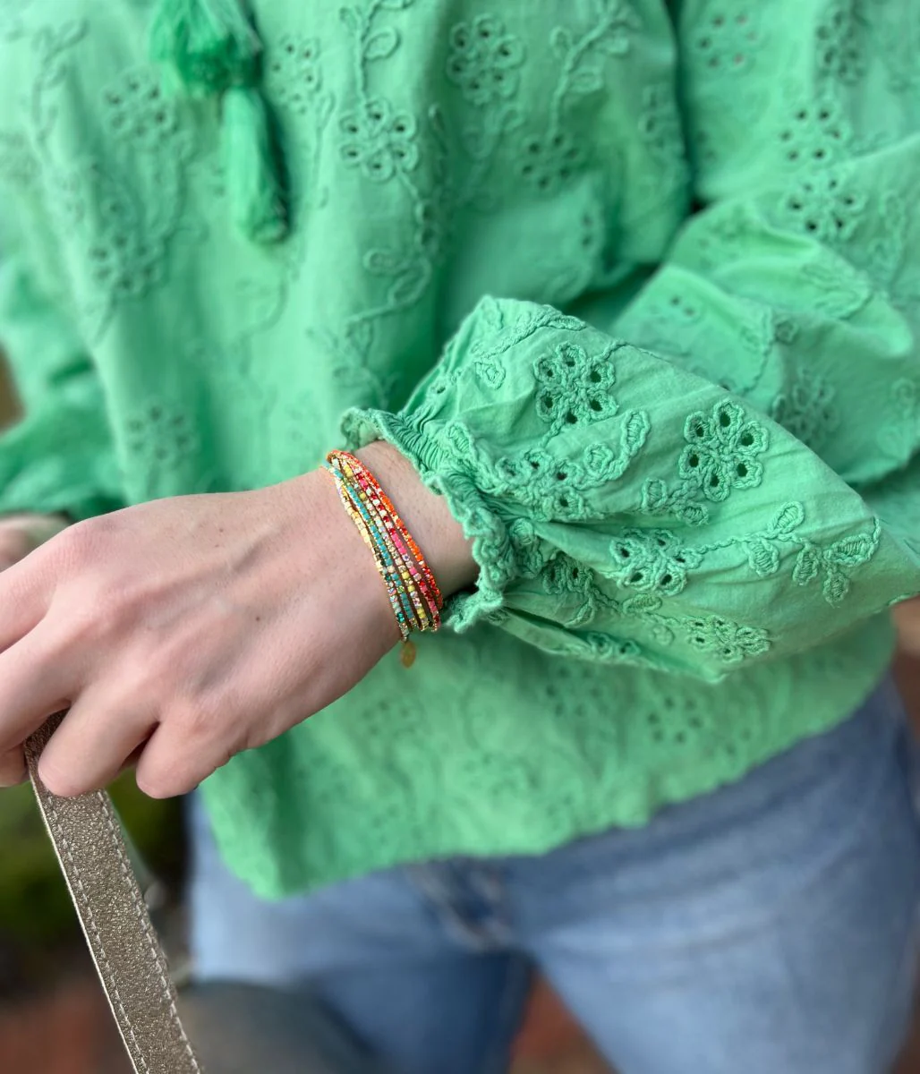 Green Cotton Broderie Tie Neck Top - Image 7