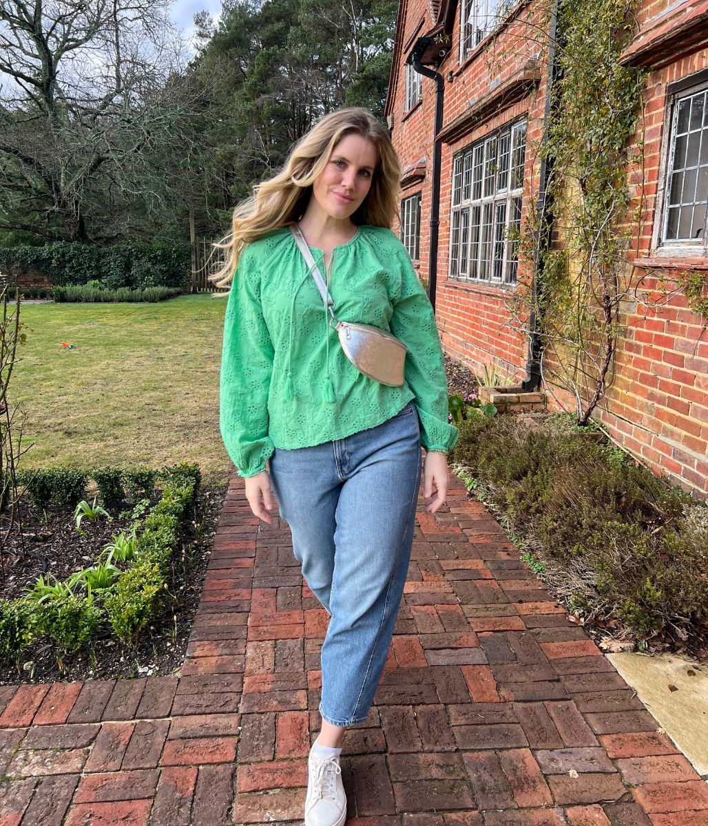 Green Cotton Broderie Tie Neck Top - Image 9