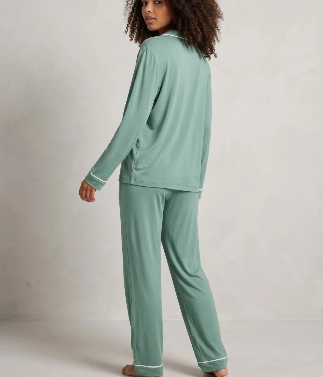 Green Cotton Modal Revere Pyjama Set - Image 2