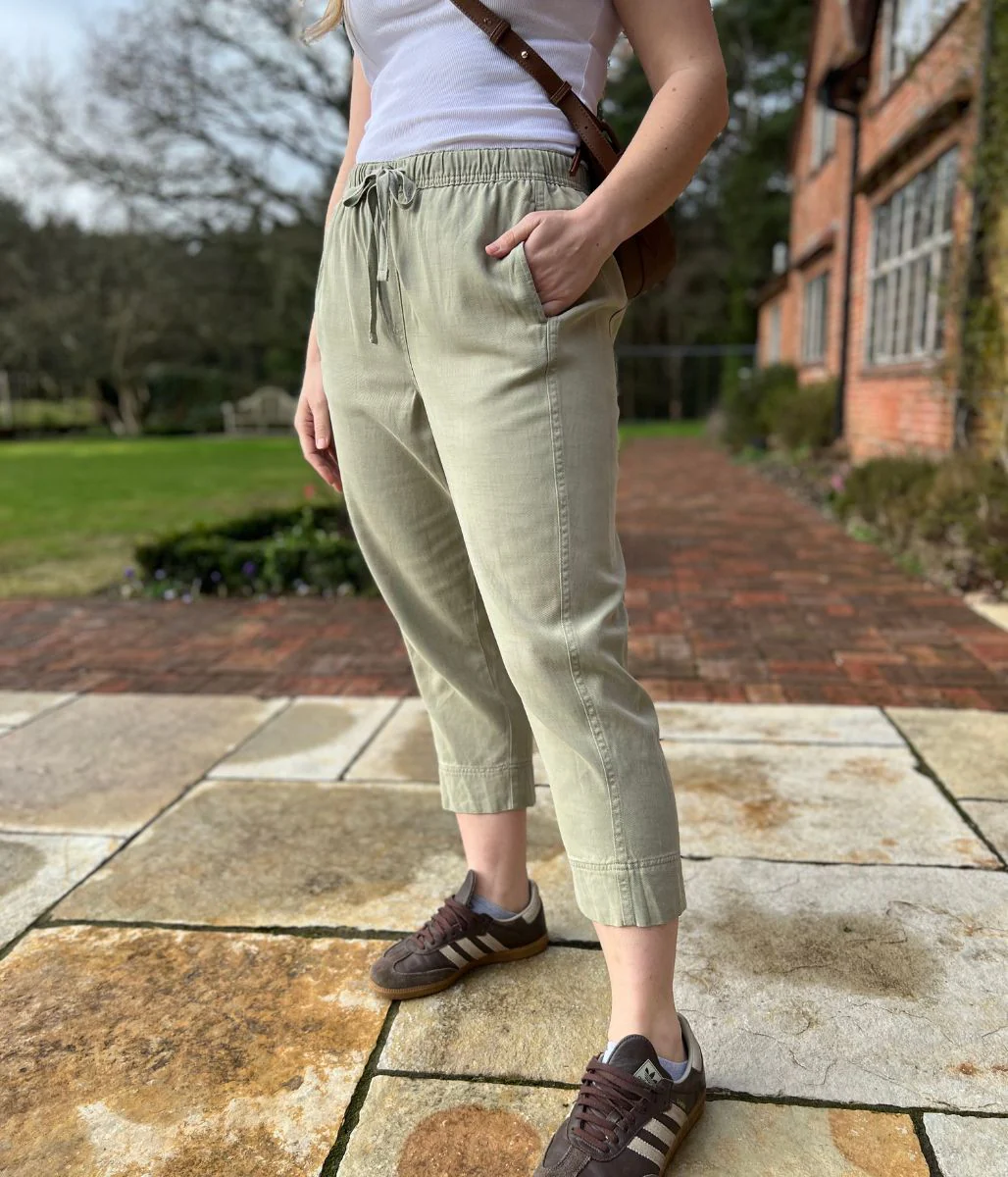 Green Cropped Barrel Tencel Trousers - Image 6