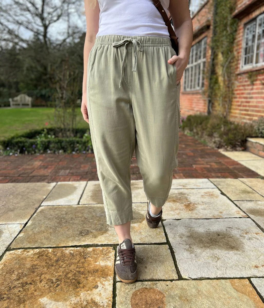 Green Cropped Barrel Tencel Trousers - Image 7