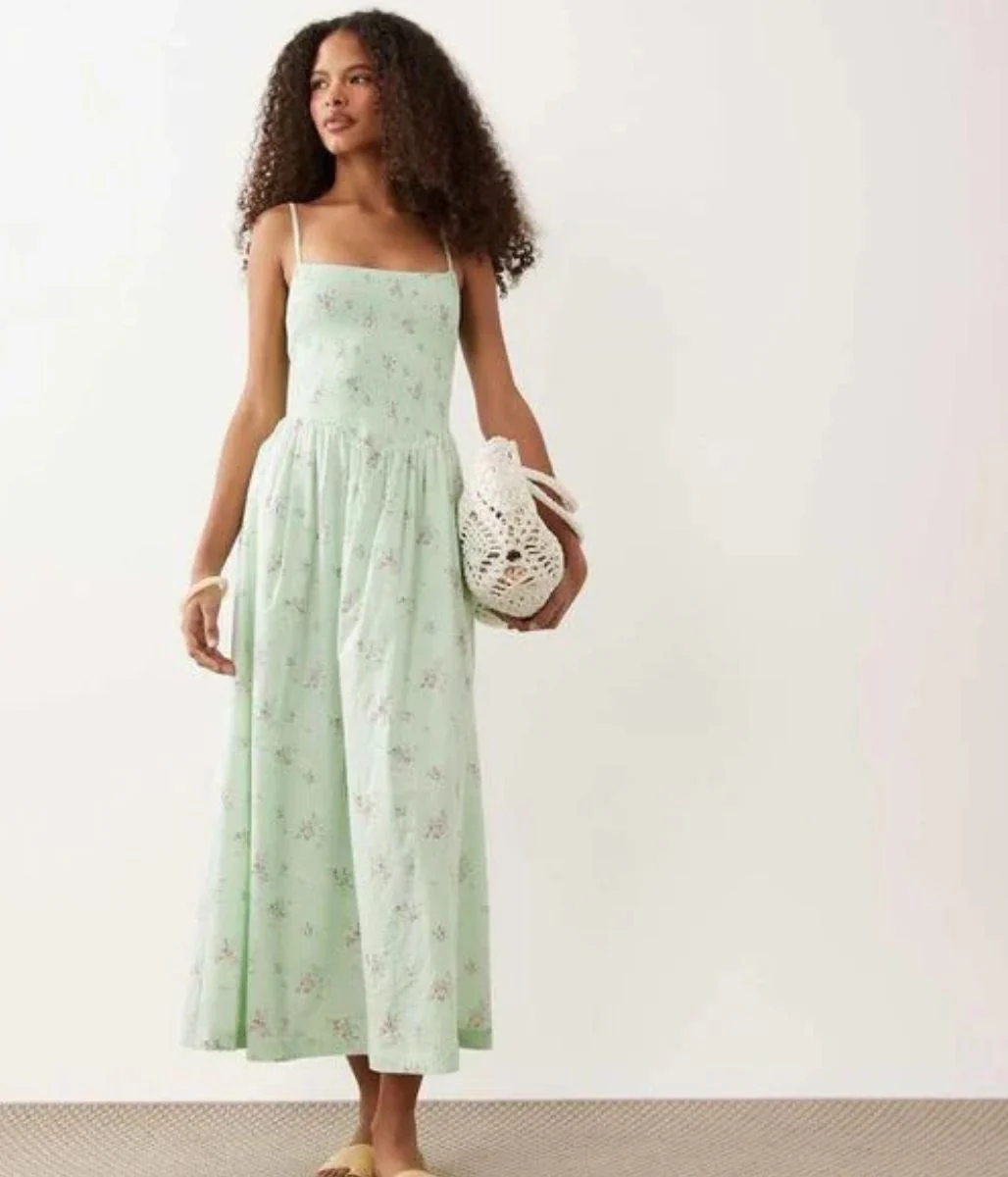Green Ditsy Print Dipped Waist Smocked Midi Dress