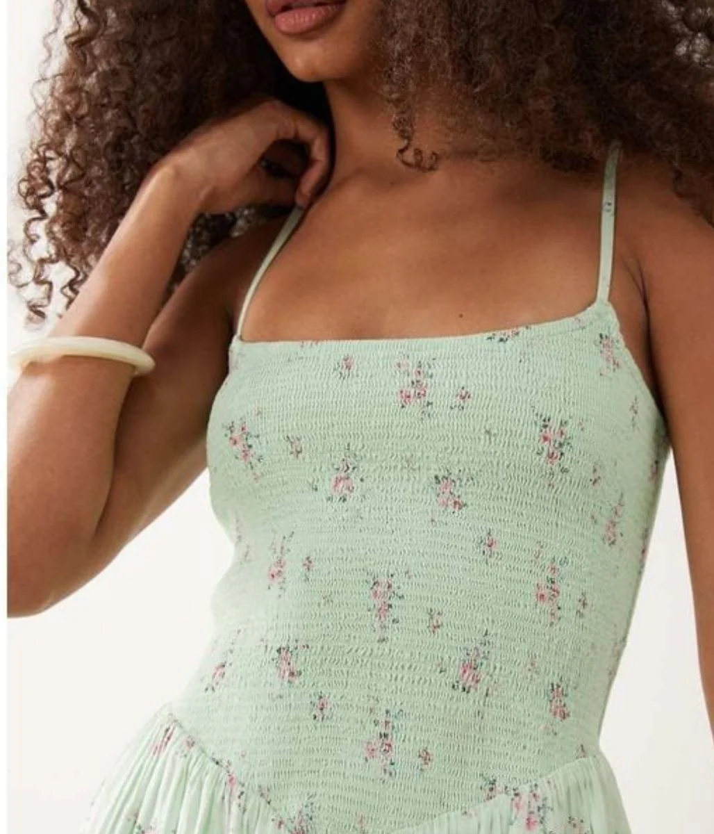 Green Ditsy Print Dipped Waist Smocked Midi Dress - Image 2