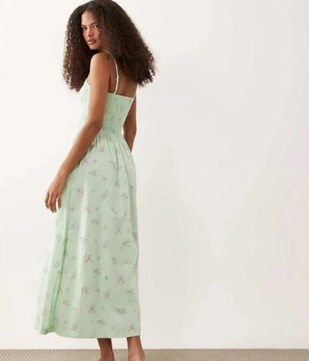 Green Ditsy Print Dipped Waist Smocked Midi Dress - Image 3