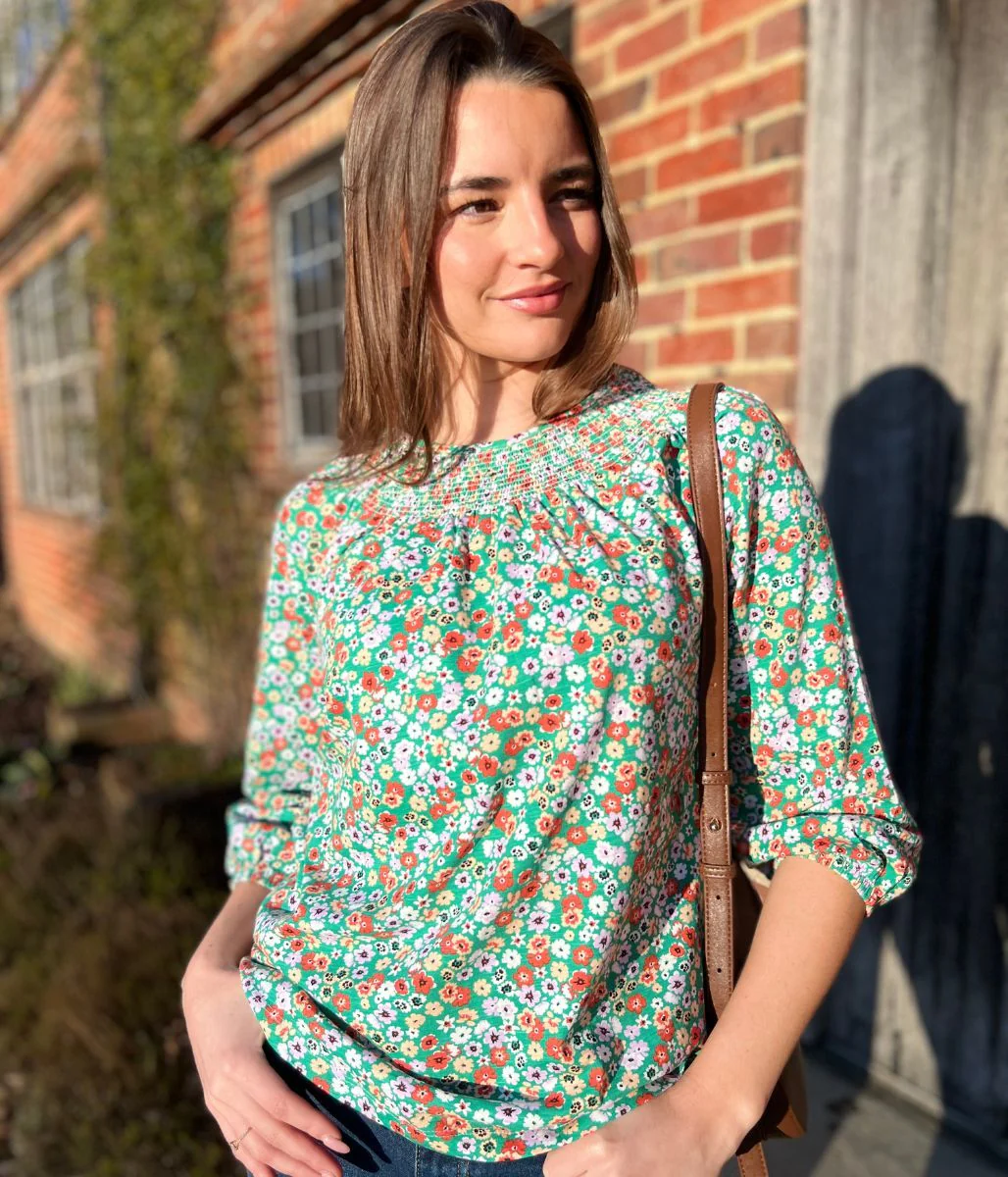 Green Ditsy Print Smocked Neck Top - Image 2