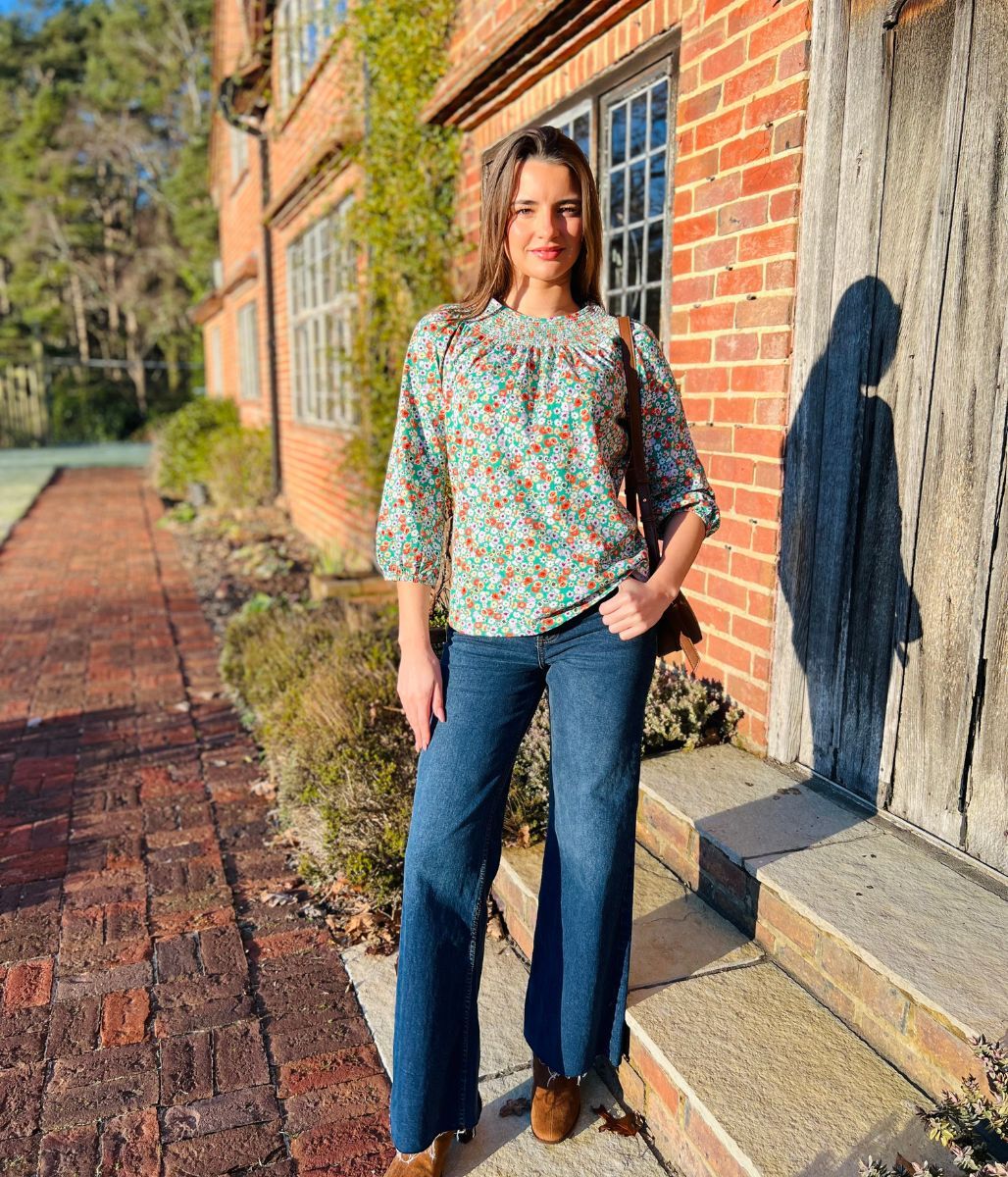 Green Ditsy Print Smocked Neck Top - Image 3