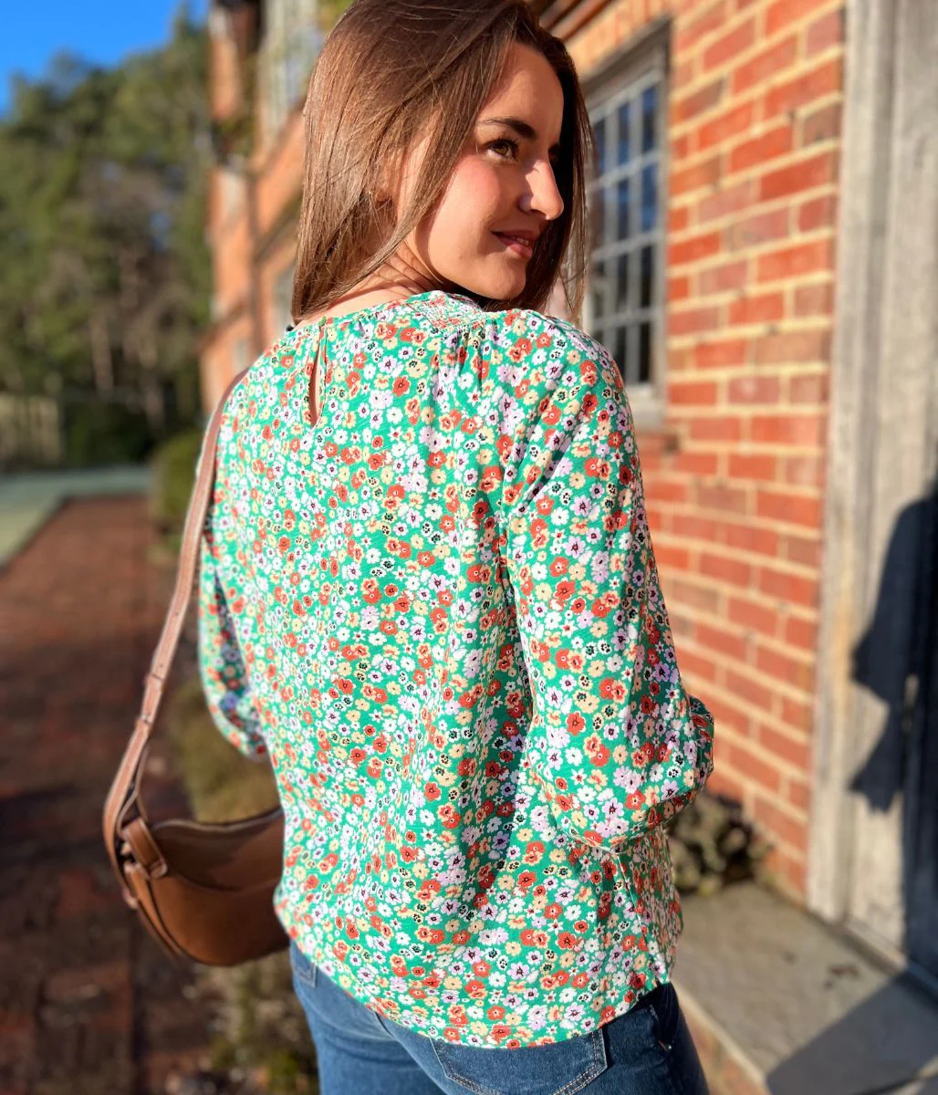 Green Ditsy Print Smocked Neck Top - Image 8