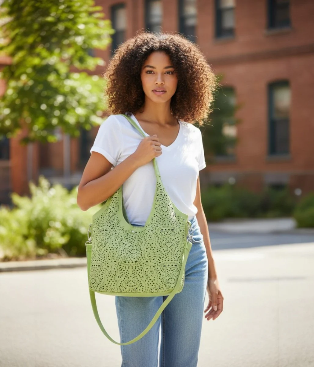 Green Lace Pattern Tote Handbag - Image 4