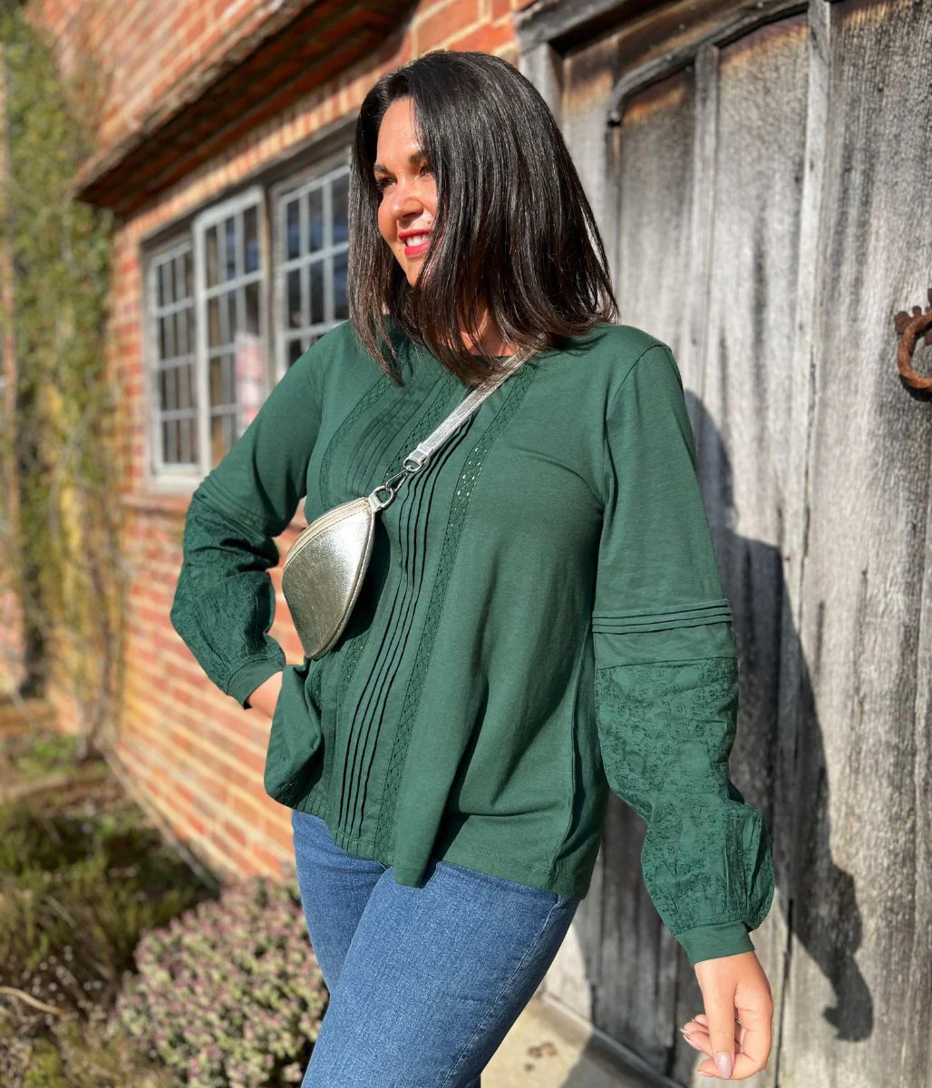 Green Pintuck Long Sleeve Top - Image 2