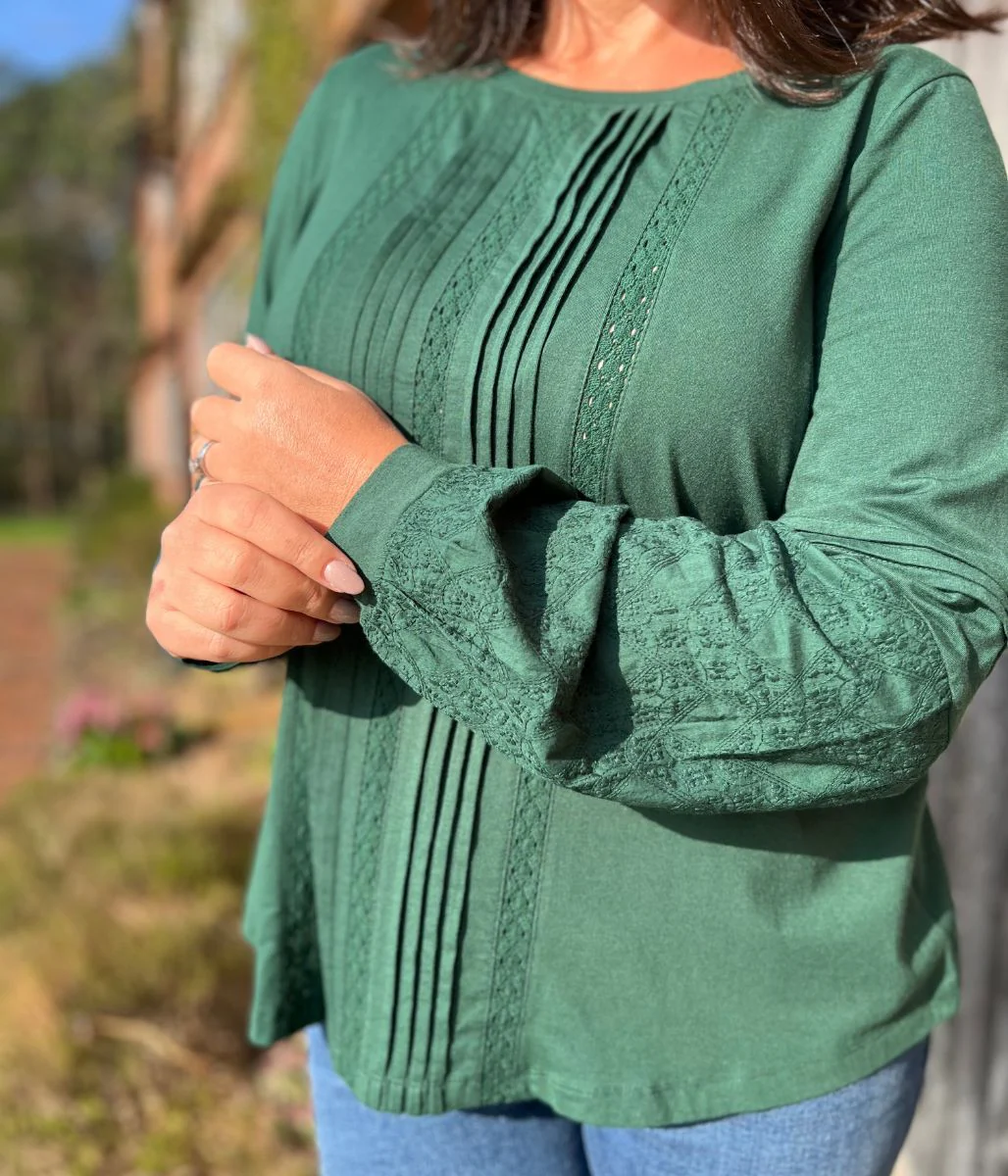 Green Pintuck Long Sleeve Top - Image 5