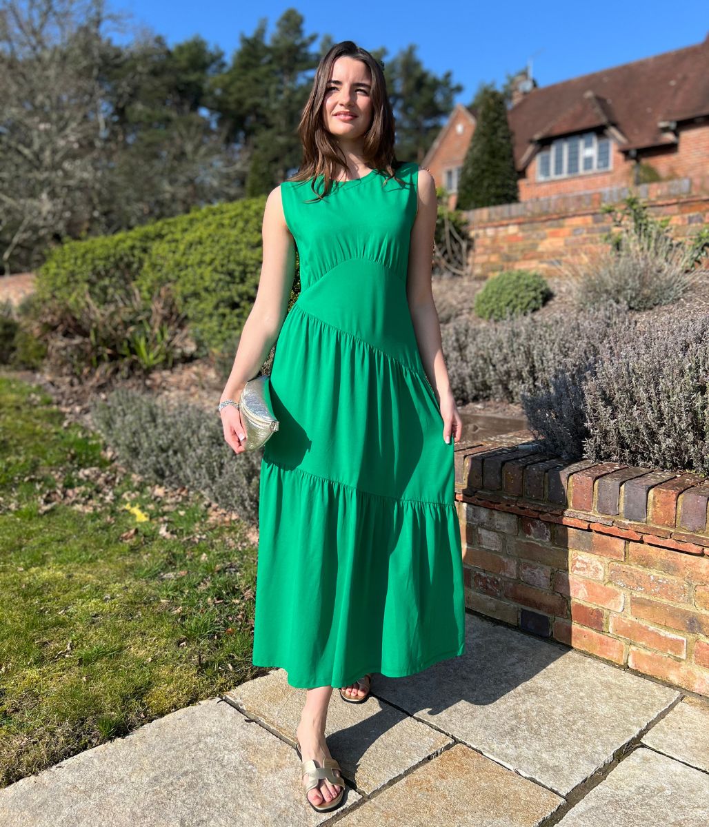 Green Premium Asymmetric Sleeveless Jersey Dress - Image 3