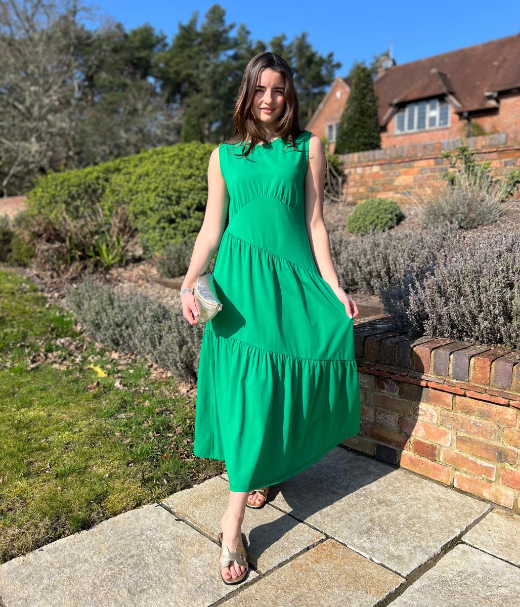 Green Premium Asymmetric Sleeveless Jersey Dress - Image 4